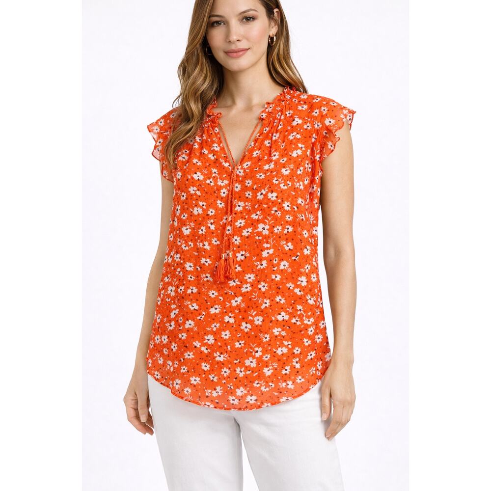 Carolina Belle Orange Floral Ruffle Sleeve Blouse Size L